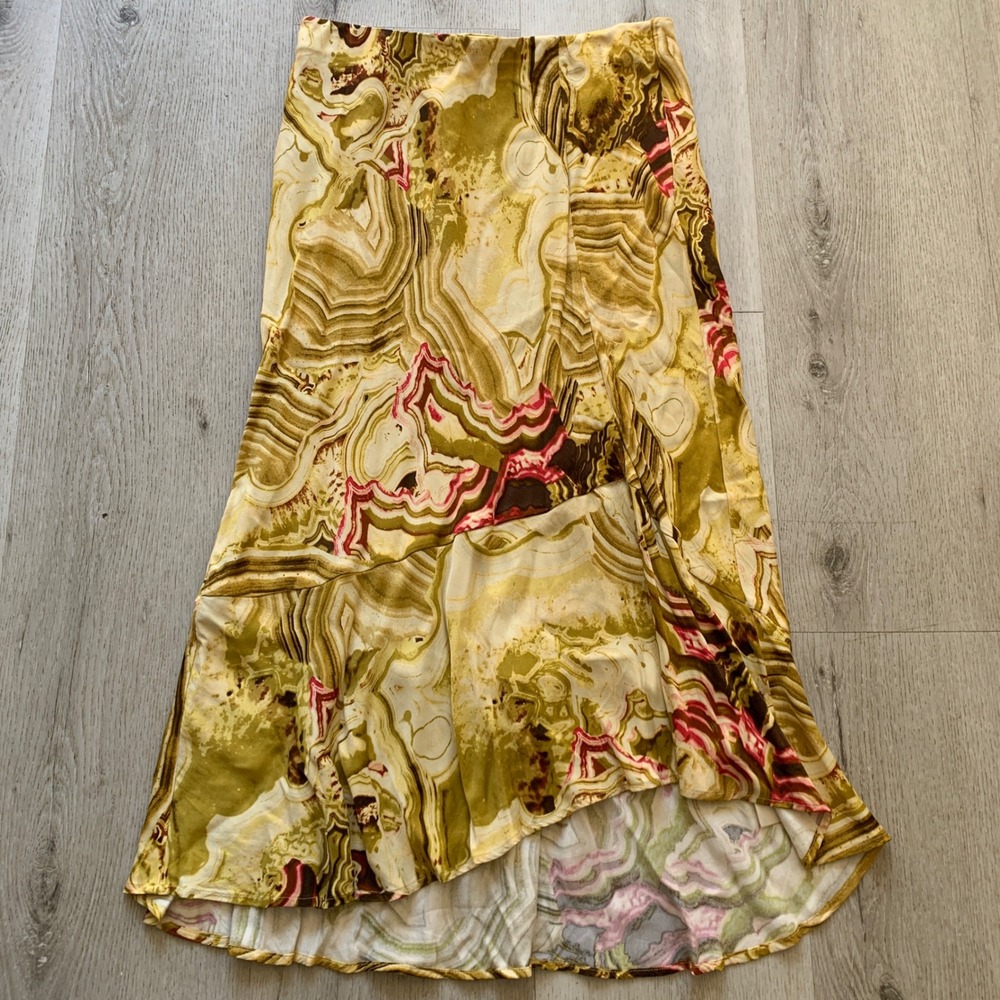 Anthropologie‎ Women Abstract Floral Marbled Slit Tiered Midi Skirt Sz M